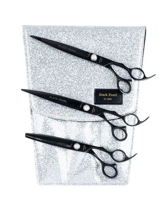 Geib Black Pearl Scissors Set 8,5" - zestaw profesjonalnych nożyczek i degażówek (47 ząbków) z japońskiej stali kobaltowej, 3 sztuki
