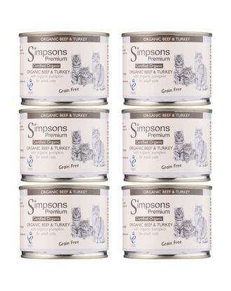 Simpsons Premium Cat Organic Beef &amp; Turkey - bezzbożowa mokra karma dla kota, wołowina, indyk, dynia - 6x 200g