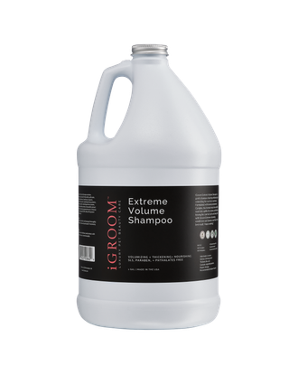 Delikatny szampon dla psa i kota, iGroom Extreme Volume Shampoo. Przeznaczony dla wszystkich ras, u których wymagany jest nienaganny, bujny i pełen objętości wygląd sierści.
