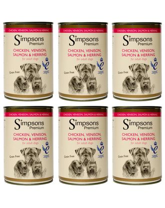 Simpsons Premium Chicken, Venison, Salmon & Herring - mokra karma dla psa, z kurczakiem, dziczyzną, łososiem, śledziem i warzywami, bez zbóż - 6x 400g