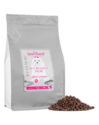 Lovi Food Łosoś z pstrągiem - karma bezzbożowa dla białych psów małych ras, z batatami i szparagami - 1,5kg