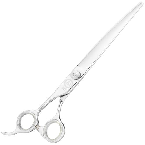 Profesjonalne nożyczki groomerskie, gięte marki P&W Scissors (by Nick Kontos) model Alfa Omega. Przeznaczone dla osób leworęcznych. Idealne do strzyżenia na okrągło np. pyszczka, łap czy ogona.