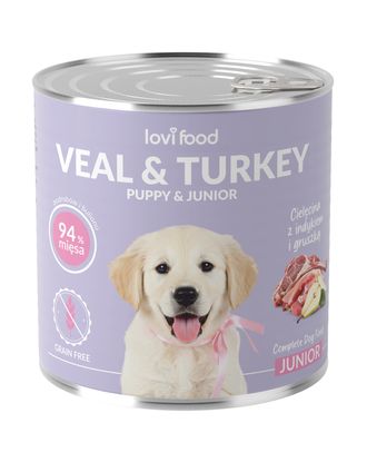 Lovi Food Junior & Puppy Veal & Turkey - mokra karma dla szczeniaka i juniora, z cielęciną, indykiem i gruszką -12x 800g