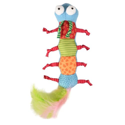 Flamingo Cat Yowly Caterpillar - długa zabawka dla kota, pluszowa gąsienica z piórami i kocimiętką