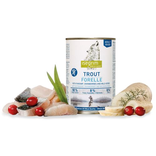 Isegrim Adult Trout & Parsnip - mokra karma dla psów dorosłych z pstrągiem, pasternakiem i żurawiną, 400g