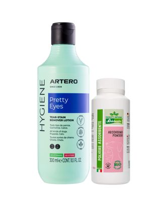 Artero Pretty Eyes 250ml + Baldecchi Absorbing Powder 90g - zestaw do walki z przebarwieniami, dla białych psów
