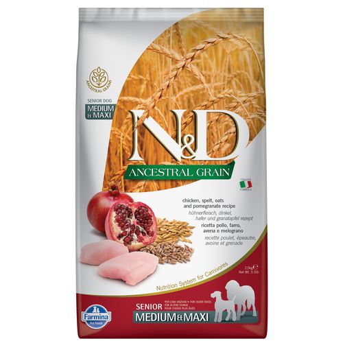 Farmina N&D Ancestral Grain Chicken & Pomegrante Senior Medium & Maxi 2,5kg - pełnowartościowa, wysokobiałkowa karma dla psów w podeszłym wieku z kurczakiem i granatem
