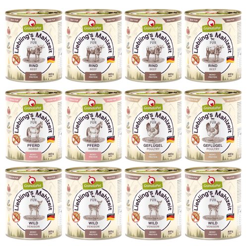 Zestaw karm GranataPet Pur 12x 800g - monoproteinowa bezzbożowa mokra karma dla psa, mix 4 smaków