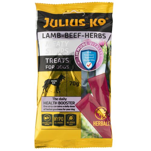 Julius-K9 Meaty Strips Beef-Lamb 70g - mięsne przysmaki dla psa z ziołami